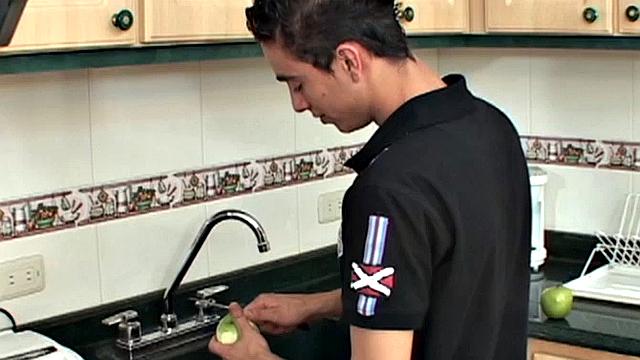 Jesid and Miguel are in the kitchen, realizing it's a room they've never been in. They're soon naked, sucking each other's big uncut dick.