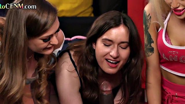 British cockhungry CFNM femdoms suck BBC in group