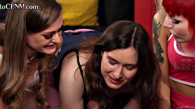 British cockhungry CFNM femdoms suck BBC in group