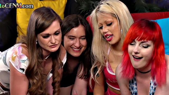 British cockhungry CFNM femdoms suck BBC in group