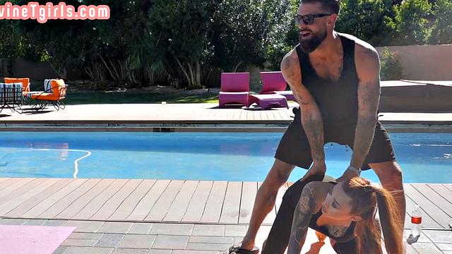 Trans ladies fuck male in tight ass in threesome