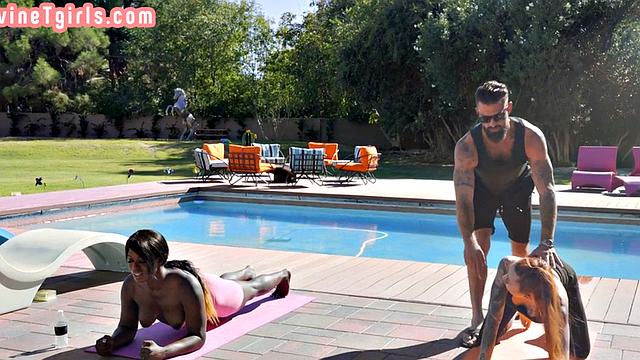 Trans ladies fuck male in tight ass in threesome