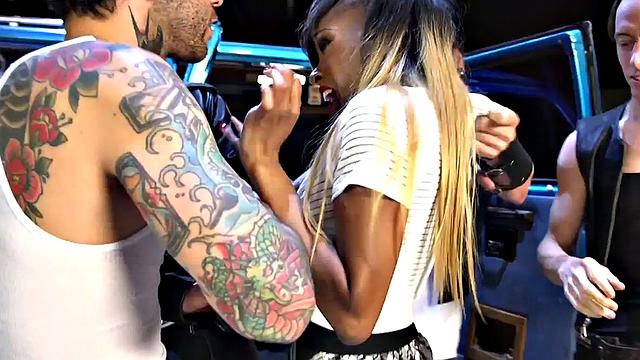 Ebony bitch gangbanged and fucked in asshole by big dicks