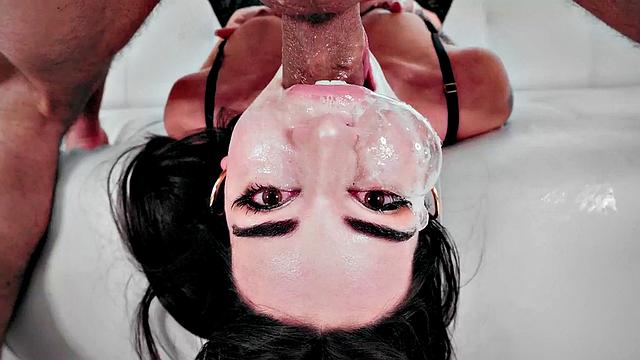 Big-titted babe in stockings gets throat-fucked by BF POV