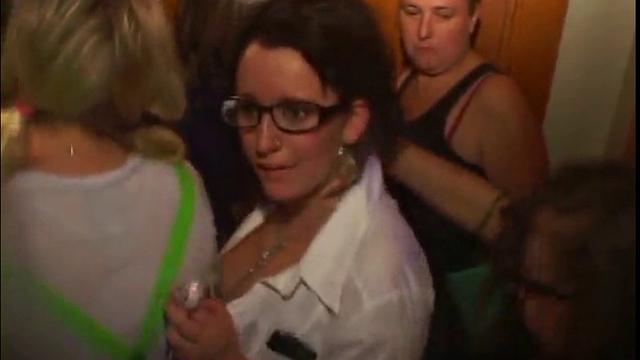 College party slut with glasses goes wild with hardcore fucking and sucking