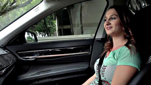 Brown-haired teen Indiana Cutie gets her pussy fingered in car while getting banged