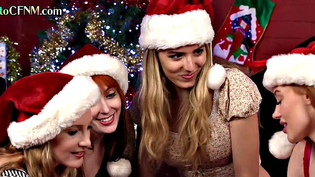 CFNM Xmas British ladies give group HJ on femdom 