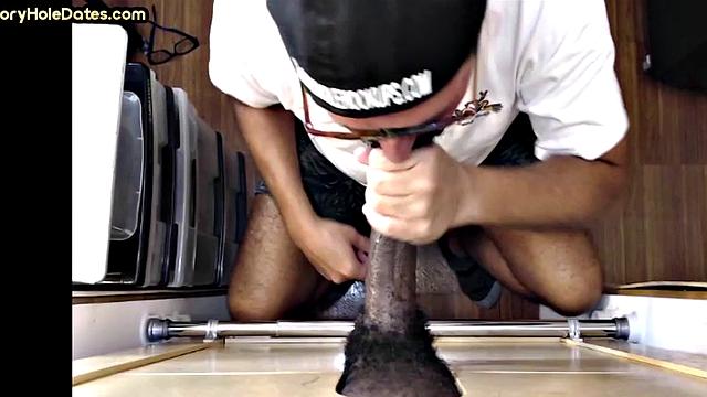 Gloryhole gay sucks hard cock while jerking it