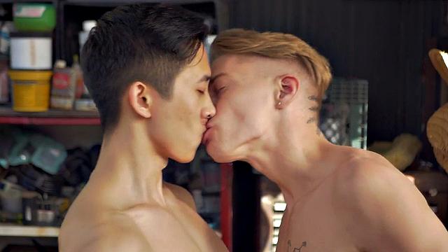 Asian barebacked by white BF at home while kissing