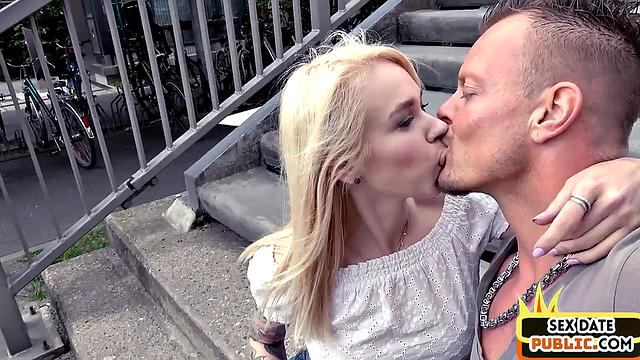 Pulled cute blondie cocksucking outdoors