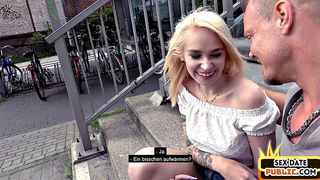 Pulled cute blondie cocksucking outdoors