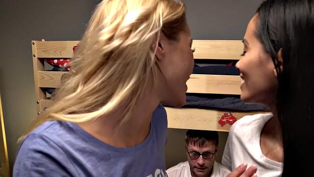 Pantyhose hostel babes threeway by nerdy roommate