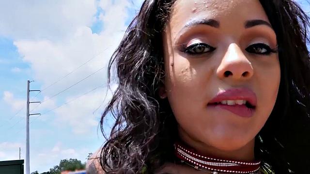 Public chick with small tits gets her tight ass drilled in reverse cowgirl position in shorts