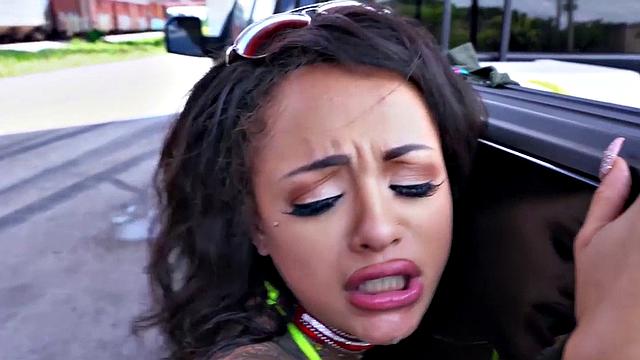 Public chick with small tits gets her tight ass drilled in reverse cowgirl position in shorts