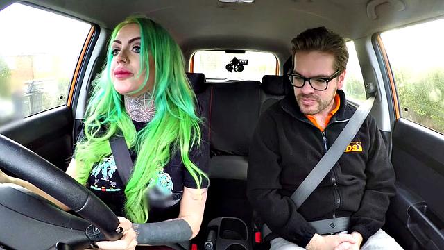 Busty MILF mouth jizzed in car after sex with driving tutor