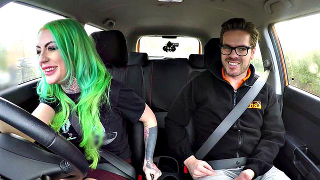 Busty MILF mouth jizzed in car after sex with driving tutor