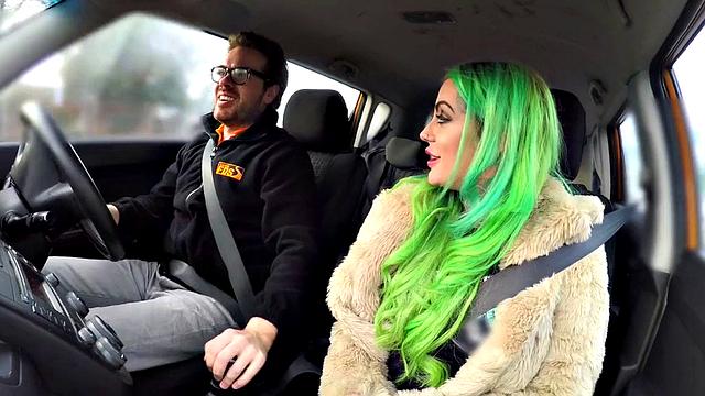 Busty MILF mouth jizzed in car after sex with driving tutor