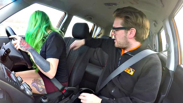 Busty MILF mouth jizzed in car after sex with driving tutor