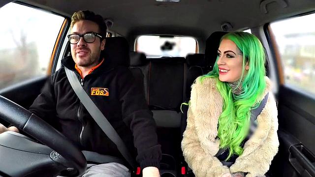 Busty MILF mouth jizzed in car after sex with driving tutor