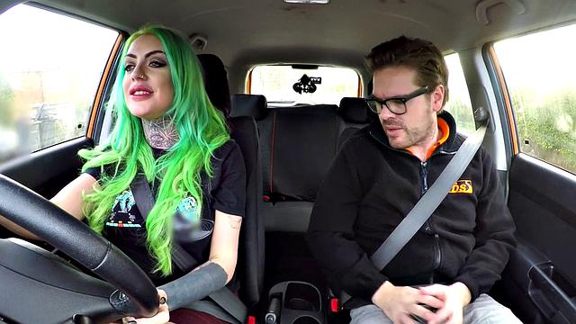 Busty MILF mouth jizzed in car after sex with driving tutor