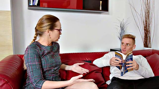 Nerdy teacher with glasses can't resist the urge to bang in the science lab