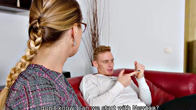 Nerdy teacher with glasses can't resist the urge to bang in the science lab