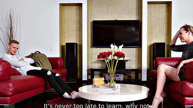 Nerdy teacher with glasses can't resist the urge to bang in the science lab