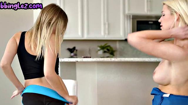 Busty MILF licks twat of petite 21yo with small boobies