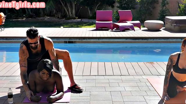 Trans yoga slut smashes GF in threesome with instructor