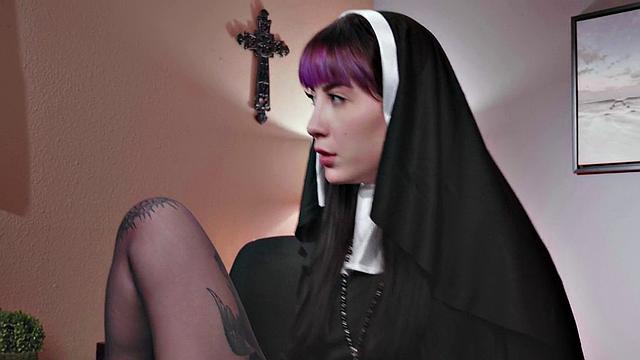Tattooed anal nun in gloves fucked in office by priest
