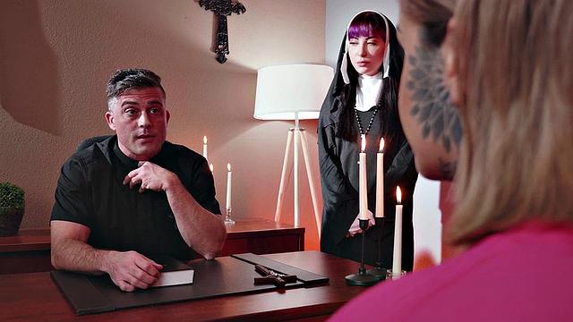 Tattooed anal nun in gloves fucked in office by priest