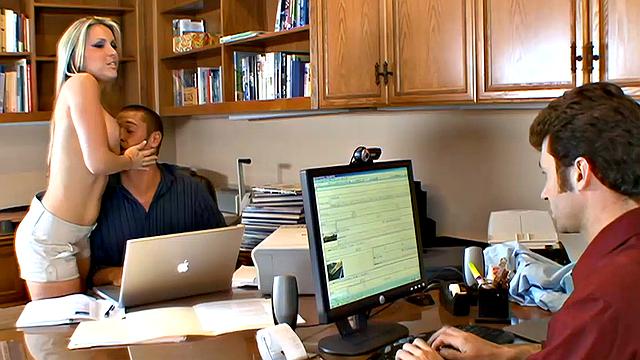 Courtney Cummz takes on two big cocks in the office