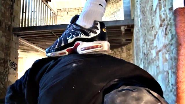 Sneakers and foot fetish guy sucks cock in abandoned place