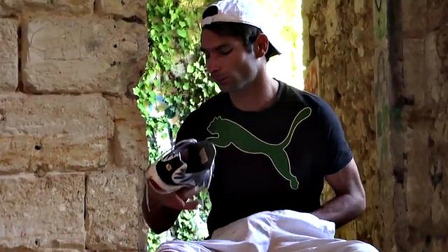 Sneakers and foot fetish guy sucks cock in abandoned place