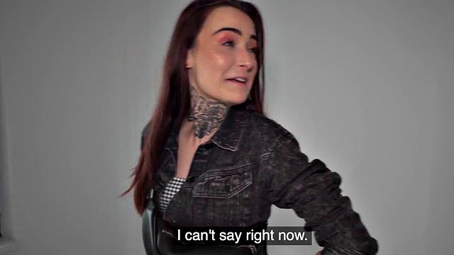 Redhead with tattoos receives doggystyle fuck