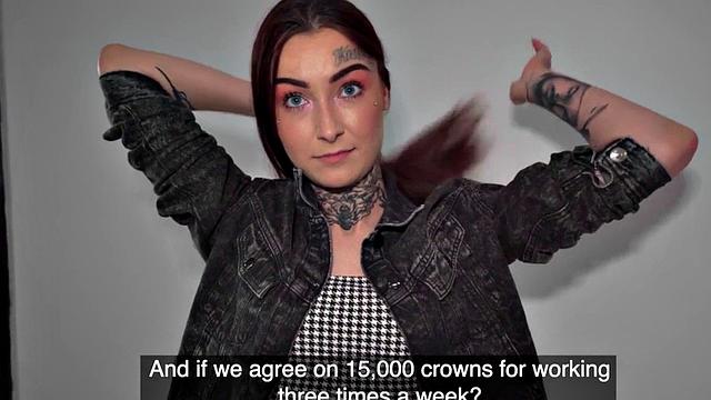 Redhead with tattoos receives doggystyle fuck