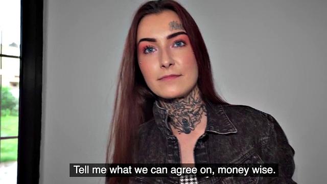 Redhead with tattoos receives doggystyle fuck