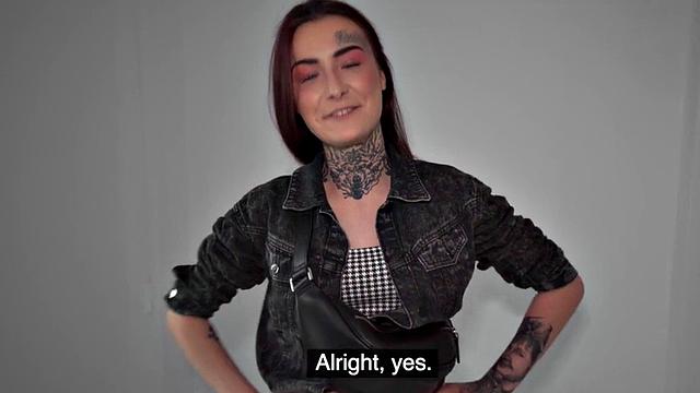 Redhead with tattoos receives doggystyle fuck