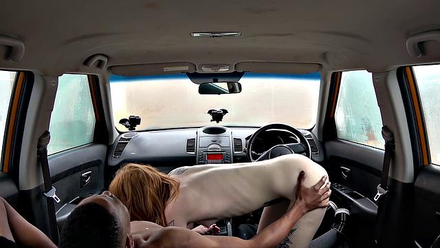 Watch how this bald chick in socks goes wild on a mechanic's big cock