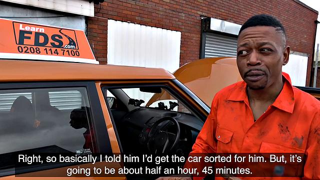 Watch how this bald chick in socks goes wild on a mechanic's big cock