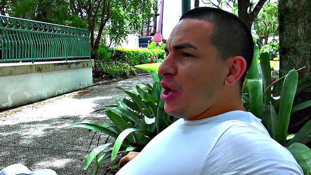 Latina Fiend with pierced tits gives an outdoor blowjob and handjob to lucky guy