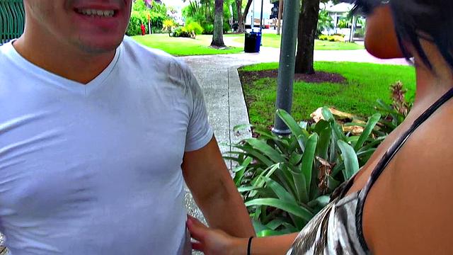 Latina Fiend with pierced tits gives an outdoor blowjob and handjob to lucky guy