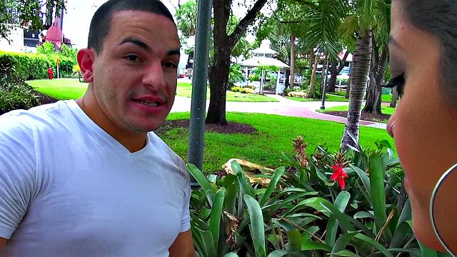 Latina Fiend with pierced tits gives an outdoor blowjob and handjob to lucky guy