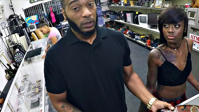 Ebony pawnshop babe fucked in office by owner