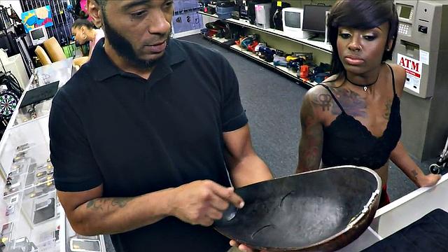 Ebony pawnshop babe fucked in office by owner