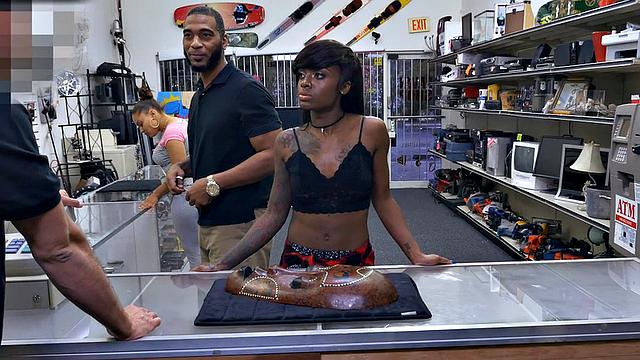 Ebony pawnshop babe fucked in office by owner
