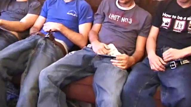 The boys have all gathered to give Roar a surprise that they think you'll enjoy watching. Each boy starts stroking solo to the moans on the porn video.