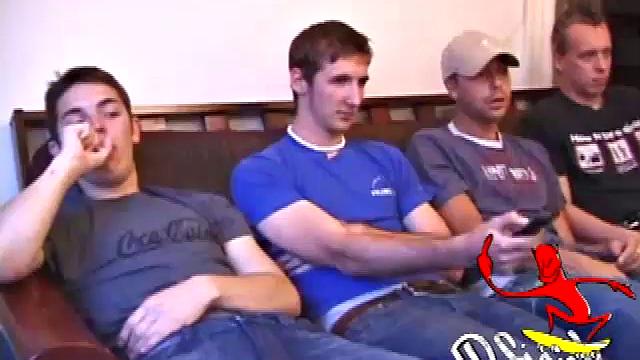 The boys have all gathered to give Roar a surprise that they think you'll enjoy watching. Each boy starts stroking solo to the moans on the porn video.