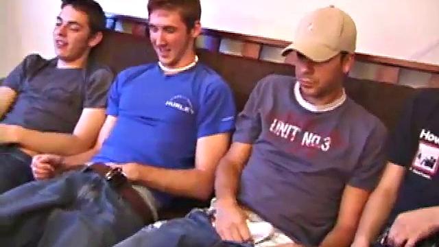 The boys have all gathered to give Roar a surprise that they think you'll enjoy watching. Each boy starts stroking solo to the moans on the porn video.