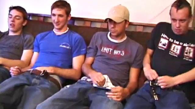 The boys have all gathered to give Roar a surprise that they think you'll enjoy watching. Each boy starts stroking solo to the moans on the porn video.